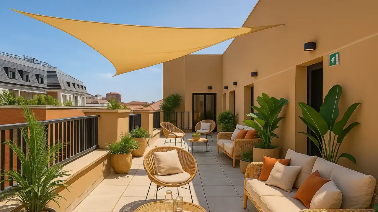 Terraza de claraval residencia con muebles de mimbre, plantas y toldo amarillo.