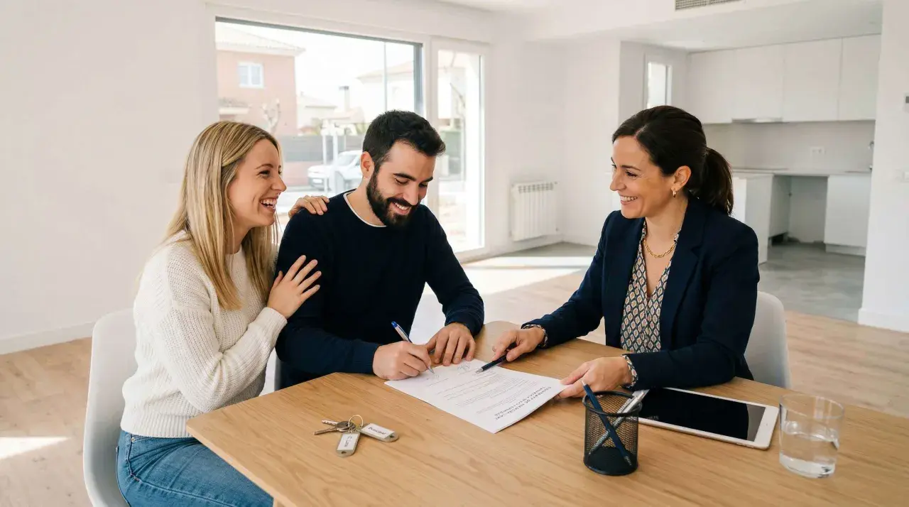 Pareja sonriente firma un contrato, quizás relacionado con el **articulo 2 LAU**, mientras una agente inmobiliaria les guía. Llaves sobre la mesa.