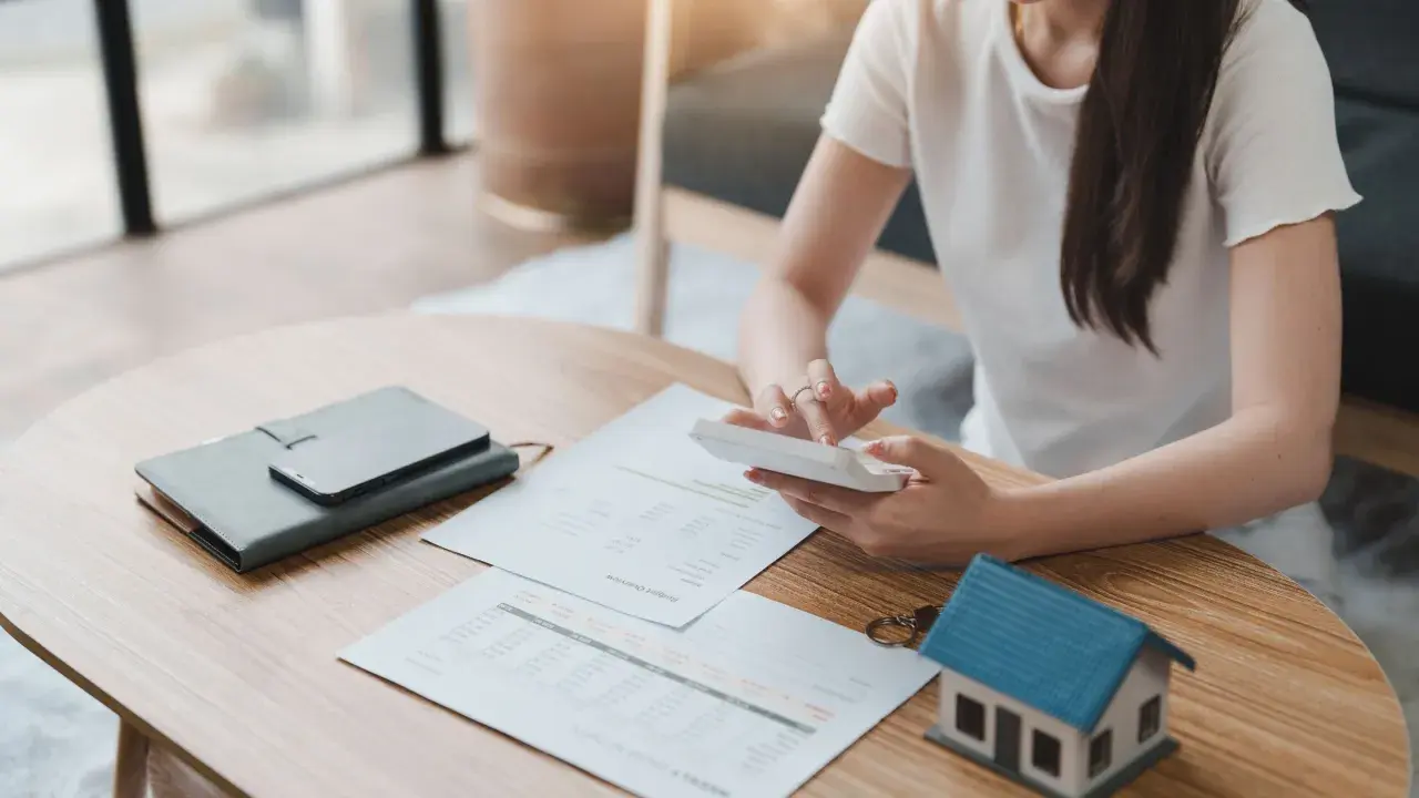 Persona calculando gastos en una mesa con un modelo de casa, documentos y calculadora. Se pregunta quién paga el alta de suministros en un alquiler.