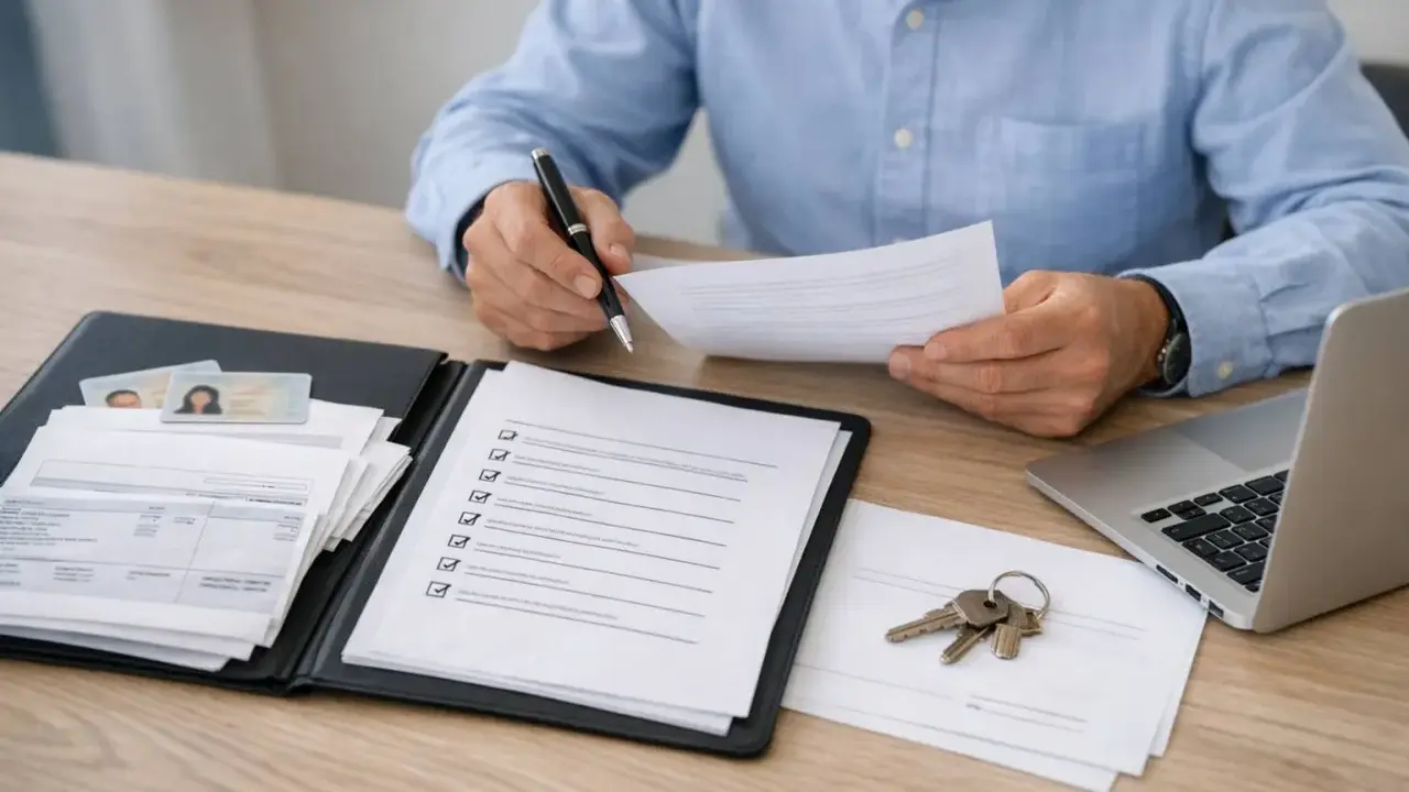 Hombre revisa documentos y llaves, quizás preparándose para cumplir la ley Boyer.