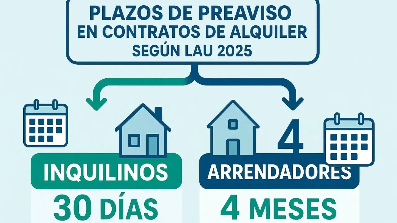 Plazos de preaviso en contratos de alquiler según LAU 2025: inquilinos 30 días, arrendadores 4 meses. Info para prorroga contrato alquiler.