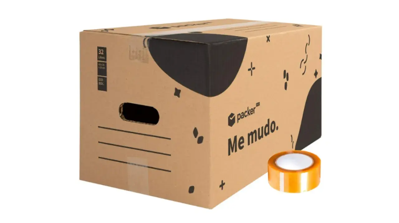 Caja de mudanza "Me mudo" de 32 litros, ideal para organizar tus pertenencias. ¡Encuentra cajas para mudanzas gratis!