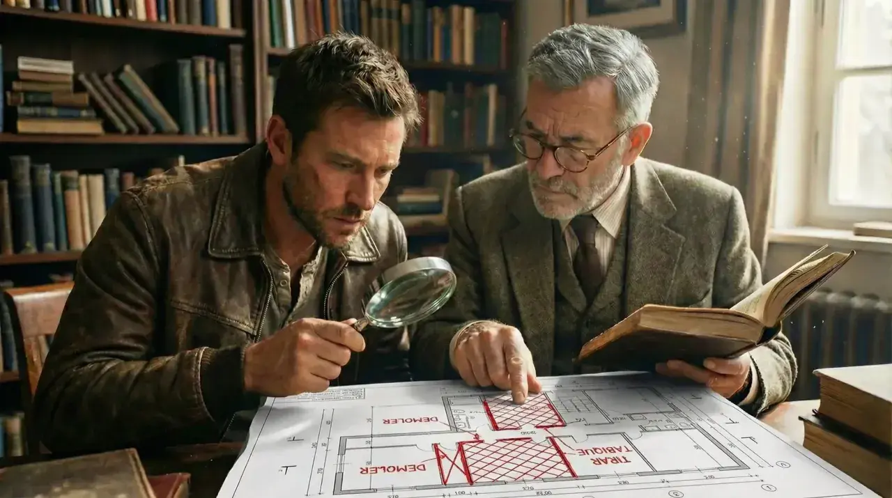 Dos hombres estudian planos en una biblioteca. Uno señala una zona marcada en rojo, como si me quisieran echar de la habitación.
