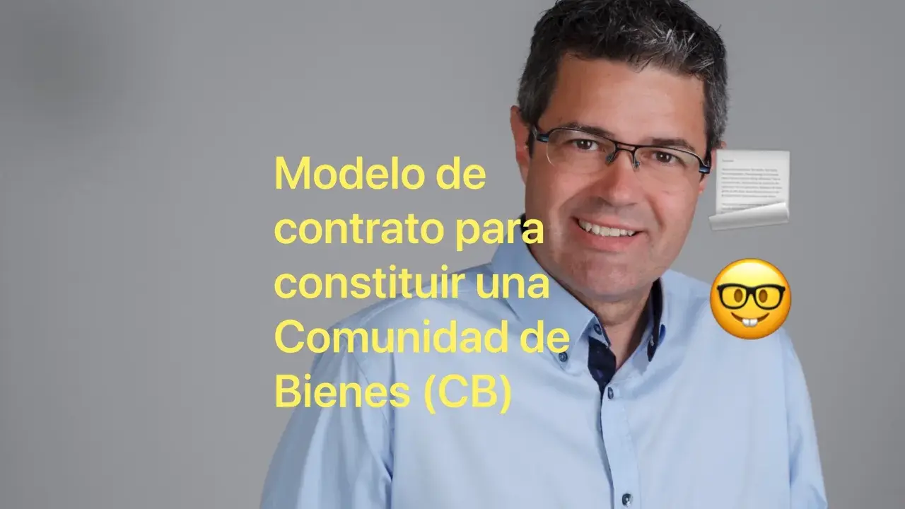 Hombre sonriente con texto sobre modelo contrato comunidad de bienes para alquiler.
