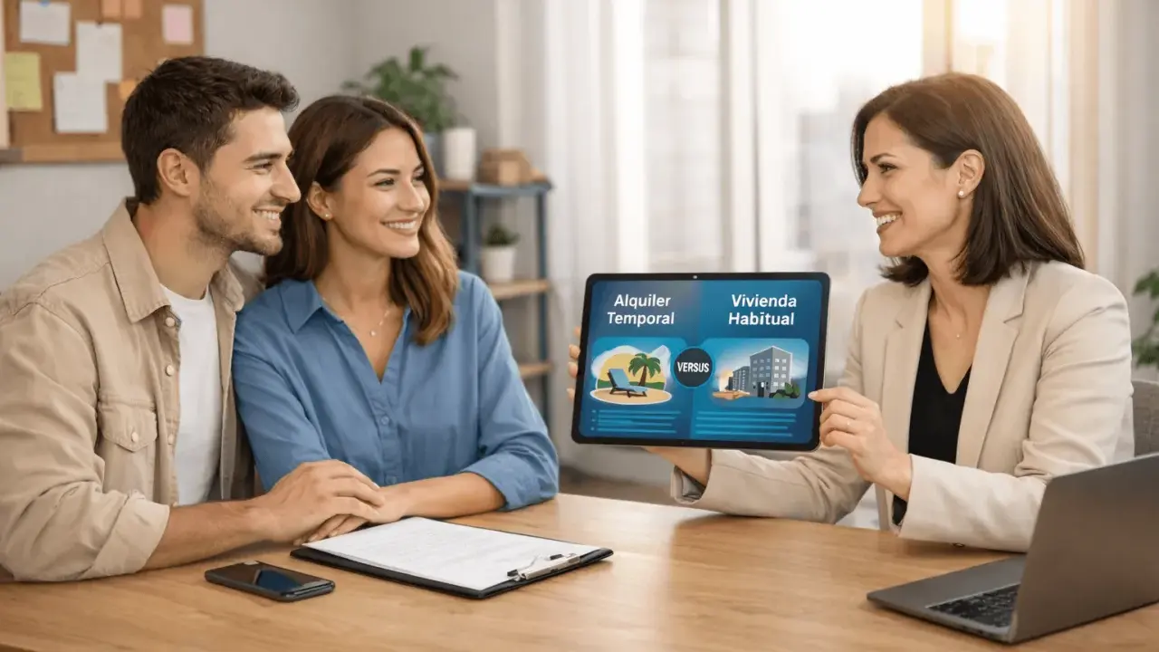Asesora explica la diferencia entre alquiler de temporada y vivienda habitual a una pareja sonriente.
