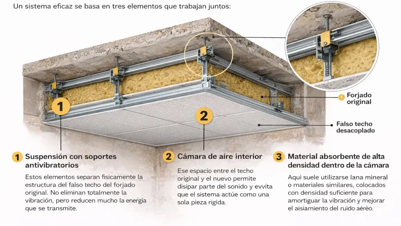 Detalle de cómo insonorizar un techo con suspensión antivibratoria, cámara de aire y material absorbente.
