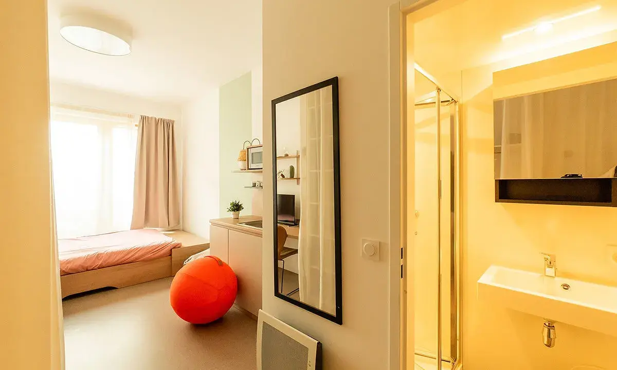 Estudio moderno en ecla villejuif con cama, zona de cocina, baño y un gran balón naranja.