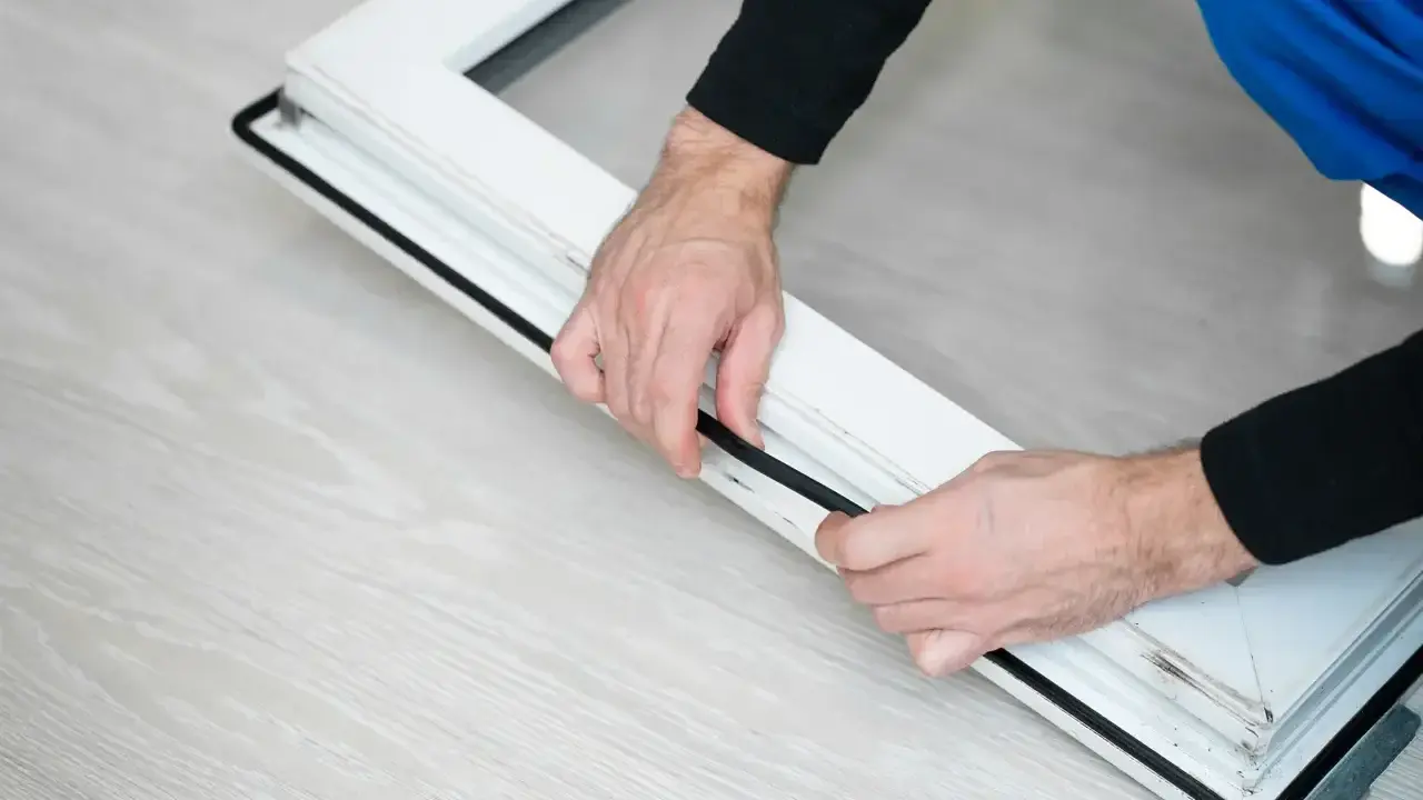 Manos colocando burletes en un marco de ventana blanco. Aprende como poner burletes en ventanas para mejorar el aislamiento.