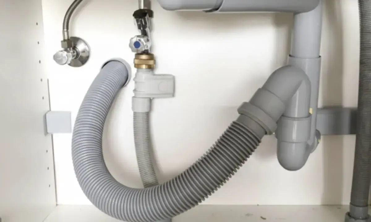 El fregadero pierde agua por abajo. Tuberías grises y mangueras flexibles bajo el lavabo, con una fuga visible.