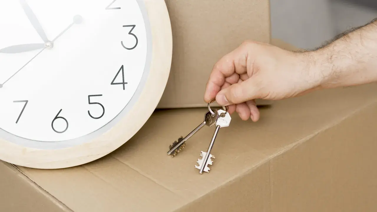 Un reloj marca el tiempo mientras una mano sostiene las llaves, simbolizando la inminencia de un contrato de alquiler temporal y una mudanza.