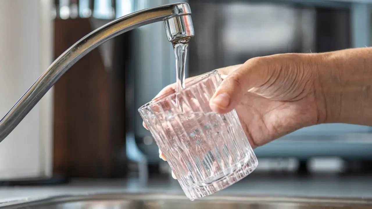 Mano sujetando un vaso de cristal bajo un grifo, llenándolo de agua. Un momento especial para dar de alta el agua por primera vez en un nuevo hogar.