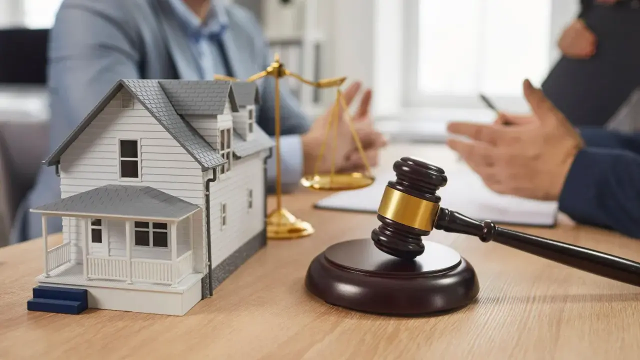 Maqueta de casa, martillo de juez y balanza de la justicia, simbolizando la ley de vivienda y disputas legales.