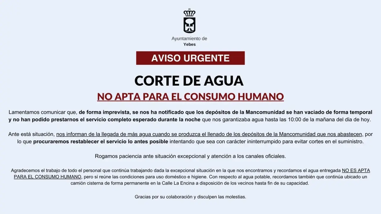 Aviso urgente: corte de agua no apta para consumo humano. Te pueden cortar el agua sin aviso.