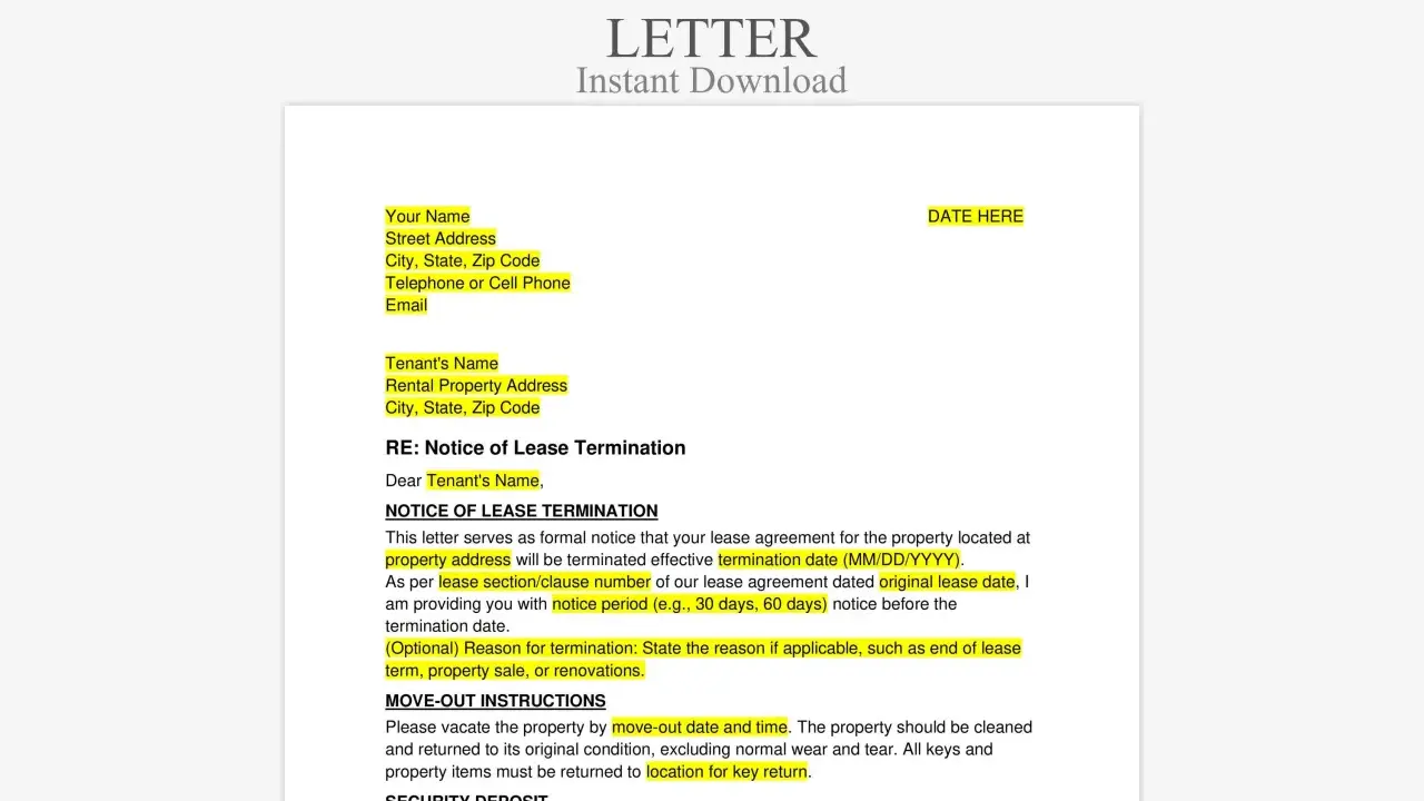 Plantilla de modelo rescisión contrato alquiler word gratis. Documento para notificar fin de arrendamiento, con campos para datos del arrendador, inquilino y detalles de la propiedad.