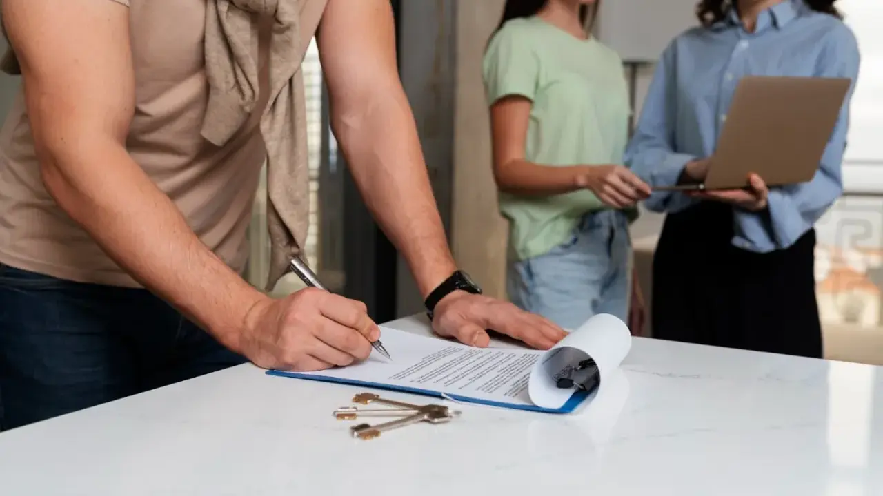 Firma de un contrato, quizás relacionado con el **artículo 32 de la ley de arrendamientos urbanos**, con llaves sobre la mesa.