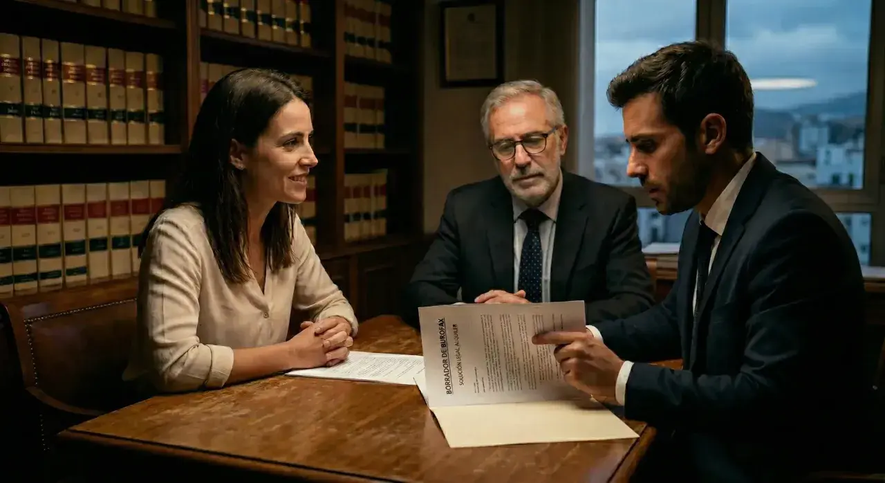 Abogados discuten un borrador de burofax, revisando el artículo 11 de la LAU en un despacho con estanterías llenas de libros legales.