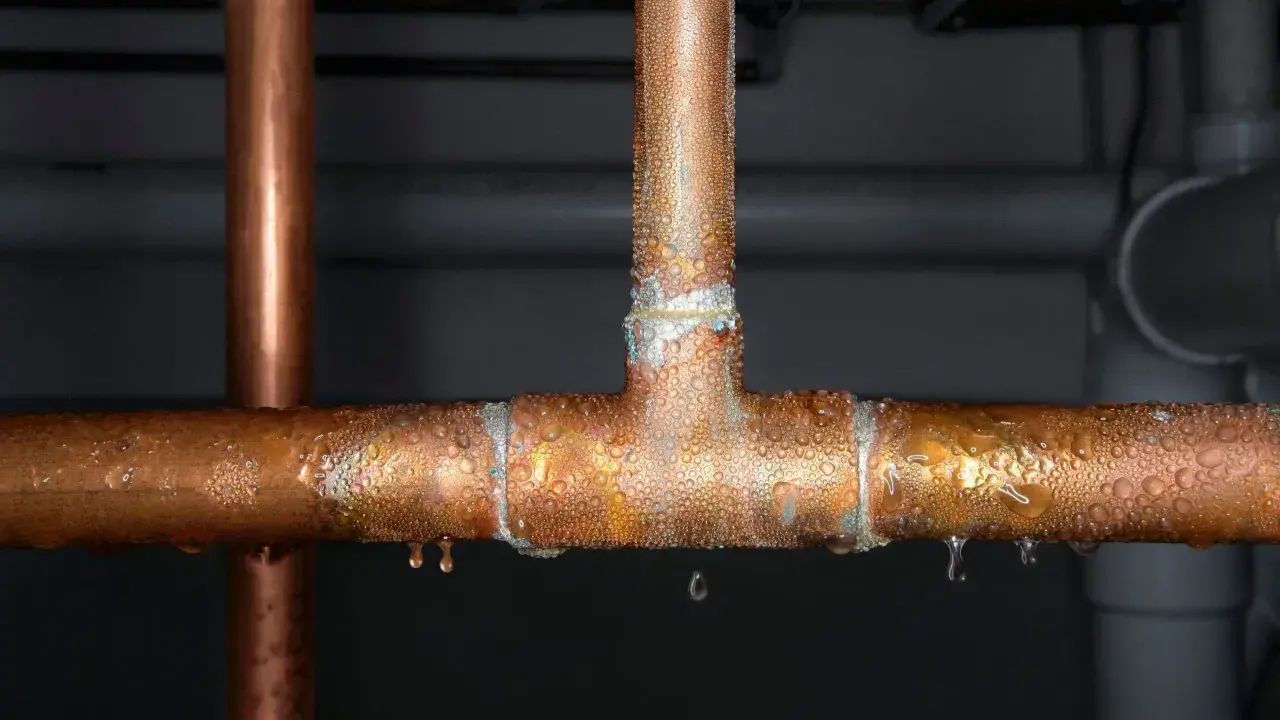 Gotitas de condensación cubren tuberías de cobre, indicando la necesidad de reparar la tubería.