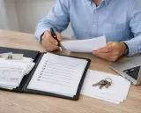 Hombre revisa documentos y llaves, quizás preparándose para cumplir la ley Boyer.