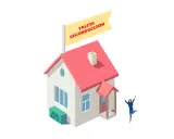 Casa con cartel "Tacita Reconducción". Una persona salta de alegría al lado.