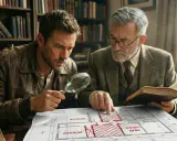 Dos hombres estudian planos en una biblioteca. Uno señala una zona marcada en rojo, como si me quisieran echar de la habitación.
