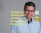 Hombre sonriente con texto sobre modelo contrato comunidad de bienes para alquiler.