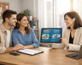 Asesora explica la diferencia entre alquiler de temporada y vivienda habitual a una pareja sonriente.