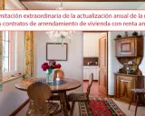 Comedor rústico con muebles de madera, flores y alfombra. Un texto sobre la renta antigua de 1964.