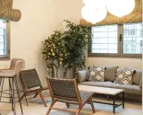 Un espacio acogedor con sofá, sillones de mimbre y un limonero, ideal para relajarse en los lumiere apartamentos.