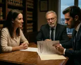 Abogados discuten un borrador de burofax, revisando el artículo 11 de la LAU en un despacho con estanterías llenas de libros legales.