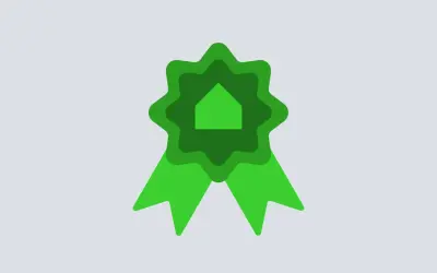 Medalla verde con silueta de casa, símbolo de eficiencia energética para tu certificado energético alquiler.