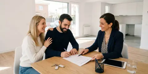 Pareja sonriente firma un contrato, quizás relacionado con el **articulo 2 LAU**, mientras una agente inmobiliaria les guía. Llaves sobre la mesa.