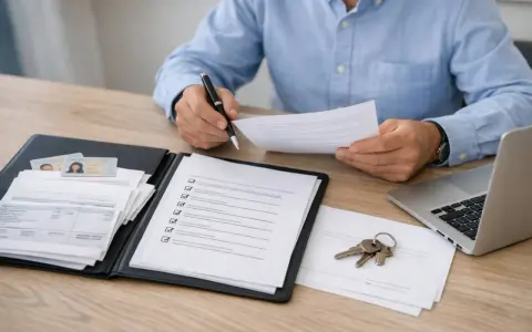 Hombre revisa documentos y llaves, quizás preparándose para cumplir la ley Boyer.