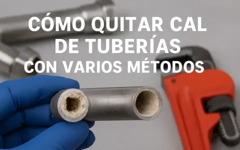 Mano enguantada muestra tubería con acumulación de cal. Llave inglesa naranja al fondo. Aprende cómo quitar cal de tuberías.