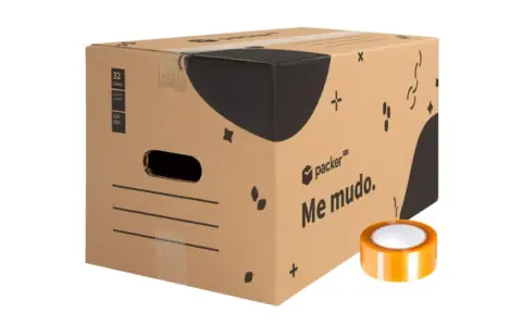 Caja de mudanza "Me mudo" de 32 litros, ideal para organizar tus pertenencias. ¡Encuentra cajas para mudanzas gratis!