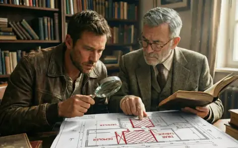 Dos hombres estudian planos en una biblioteca. Uno señala una zona marcada en rojo, como si me quisieran echar de la habitación.
