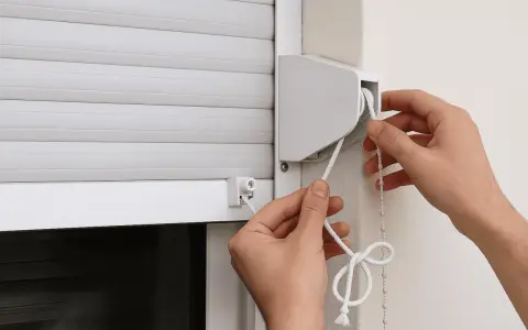 Manos arreglando la cuerda de una persiana blanca. Se ve el mecanismo de enrollado y la cuerda principal.