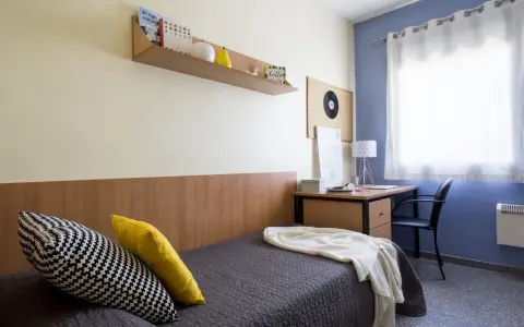 Habitación de estudiante en la carlos v residencia granada. Cama con cojines, escritorio con lámpara y estantería con libros.