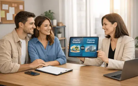 Asesora explica la diferencia entre alquiler de temporada y vivienda habitual a una pareja sonriente.