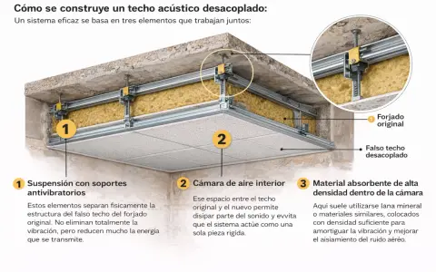 Detalle de cómo insonorizar un techo con suspensión antivibratoria, cámara de aire y material absorbente.