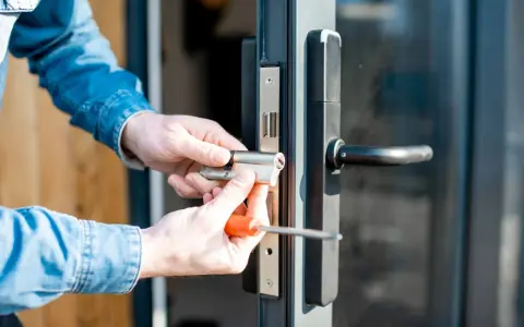 Man con camisa de mezclilla instala un cilindro de cerradura en una puerta, resolviendo un problema de comodato precario.