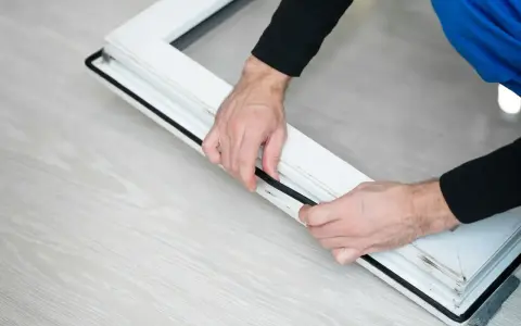 Manos colocando burletes en un marco de ventana blanco. Aprende como poner burletes en ventanas para mejorar el aislamiento.