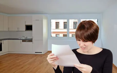Mujer preocupada lee carta en cocina vacía. Podría ser una comunicación sobre la rescisión del contrato de alquiler.