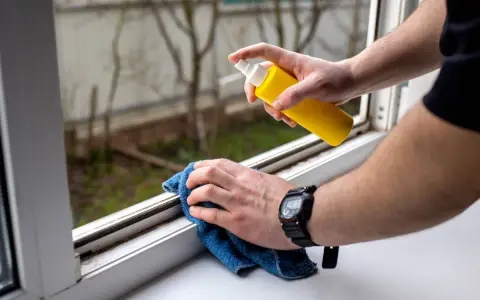 Persona rocía un limpiador en un marco de ventana y lo limpia con un paño azul. Es un paso para quitar moho paredes por condensación.