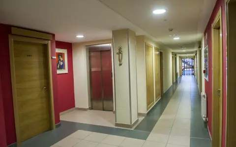 Pasillo de la residencia Laboure con puertas de madera, un ascensor y una pintura.