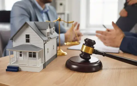 Maqueta de casa, martillo de juez y balanza de la justicia, simbolizando la ley de vivienda y disputas legales.