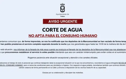 Aviso urgente: corte de agua no apta para consumo humano. Te pueden cortar el agua sin aviso.