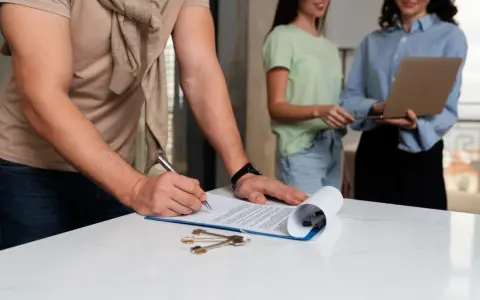 Firma de un contrato, quizás relacionado con el **artículo 32 de la ley de arrendamientos urbanos**, con llaves sobre la mesa.