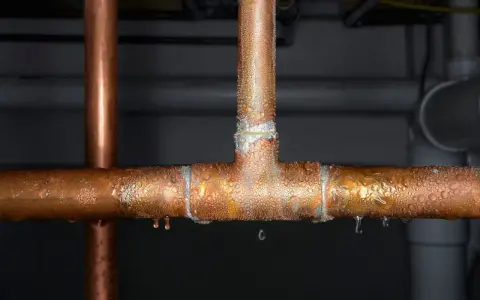 Gotitas de condensación cubren tuberías de cobre, indicando la necesidad de reparar la tubería.