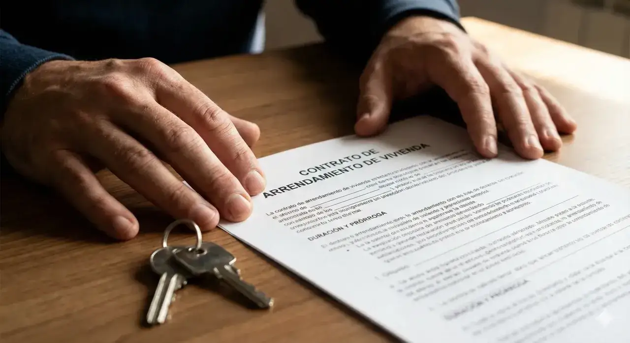Manos sobre contrato de arrendamiento de vivienda, con llaves. Se lee
