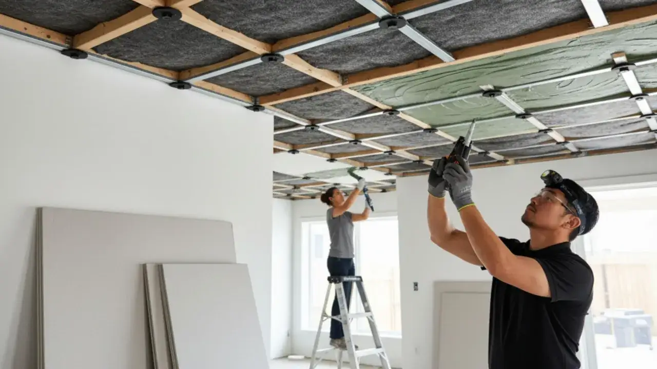 Instalación de aislamiento acústico en un techo. Hombres y mujeres trabajan para como insonorizar un techo, colocando paneles y materiales.